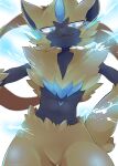  blue_eyes blurry claws closed_mouth commentary_request fang fang_out furry gen_7_pokemon hand_on_hip highres looking_at_viewer momamo mythical_pokemon pokemon pokemon_(creature) smile solo yellow_fur zeraora 