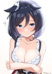  1girl ? absurdres animal_ears artist_name bare_arms bare_shoulders black_hair blue_eyes blush breasts cleavage closed_mouth collarbone eishin_flash_(umamusume) eyebrows_visible_through_hair highres hirota_fruit horse_ears horse_girl large_breasts looking_at_viewer short_hair solo twitter_username umamusume upper_body 