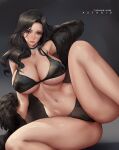  1girl azto_dio bangs bare_shoulders bikini black_bikini black_coat black_hair blush breasts choker cleavage coat collarbone fur-trimmed_coat fur_trim grey_eyes large_breasts long_hair looking_at_viewer navel off_shoulder parted_bangs solo spread_legs swimsuit the_witcher_(series) the_witcher_3 thighs yennefer 