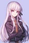  1girl bangs black_gloves black_ribbon blunt_bangs braid breasts collared_shirt commentary_request crossed_arms danganronpa:_trigger_happy_havoc danganronpa_(series) ewa_(seraphhuiyu) gloves hair_ornament hair_ribbon highres jacket kirigiri_kyouko long_hair looking_at_viewer medium_breasts necktie open_clothes open_jacket orange_neckwear pink_background purple_eyes purple_jacket ribbon shirt silver_hair simple_background single_braid skirt smile solo standing upper_body 