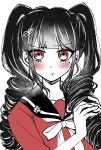  1girl absurdres alternate_hairstyle bangs black_sailor_collar blunt_bangs blush bow closed_mouth commentary_request danganronpa_(series) danganronpa_v3:_killing_harmony drill_hair eyebrows_visible_through_hair hair_ornament hairclip harukawa_maki highres holding holding_hair long_hair looking_at_viewer mole mole_under_eye no_hair_ornament pale_skin pout red_eyes red_shirt sailor_collar satori_(blueinc324) school_uniform shirt simple_background solo twin_drills twintails upper_body white_background white_bow 