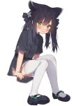  1girl animal_ears black_hair blue_archive blush chinese_clothes commentary_request eip_(pepai) full_body green_eyes hair_ribbon long_hair ribbon shoes shun_(blue_archive) simple_background sitting solo thighhighs twintails white_background white_legwear 