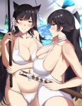  2girls atago_(azur_lane) atago_(midsummer_march)_(azur_lane) azur_lane bikini black_hair bow breasts casual_one-piece_swimsuit choker cleavage covered_nipples criss-cross_halter extra_ears eyebrows_visible_through_hair flower hair_bow hair_flaps hair_flower hair_ornament halterneck highres long_hair looking_at_viewer multiple_girls official_alternate_costume one-piece_swimsuit outdoors ribbon sand setokun swimsuit sword takao_(azur_lane) takao_(beach_rhapsody)_(azur_lane) weapon white_bikini white_bow white_choker white_ribbon white_swimsuit wooden_sword yellow_eyes 