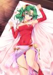  1girl armpits cape covered_navel detached_sleeves final_fantasy final_fantasy_vi green_hair kirishima_satoshi leotard lying on_back red_leotard sash smile solo strapless strapless_leotard thigh_gap tina_branford 