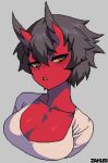  black_hair breasts cleavage colored_sclera colored_skin cropped_torso grey_background hair_between_eyes horns kidouko_(zakusi) large_breasts looking_at_viewer oni oni_horns original parted_lips pixel_art red_oni red_skin shirt short_hair signature slit_pupils upper_body white_shirt yellow_eyes yellow_sclera zakusi 
