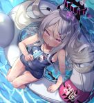  1girl ahoge bad_id bad_pixiv_id bare_arms bare_shoulders blue_archive blue_swimsuit blush food from_above halo highres hina_(blue_archive) holding holding_food ice_cream innertube isemori long_hair name_tag one-piece_swimsuit purple_eyes school_swimsuit silver_hair soaking_feet solo swimsuit tongue tongue_out very_long_hair 