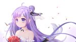  1girl azur_lane bangs bare_shoulders blunt_bangs bouquet bow collarbone commentary_request detached_sleeves dress eyebrows_visible_through_hair flower hair_bow hair_bun hair_ribbon highres long_hair looking_at_viewer one_side_up petals purple_eyes purple_hair red_flower red_rose ribbon rose side_bun sidelocks simple_background smile solo stuffed_winged_unicorn unicorn_(a_dream_of_pure_vows)_(azur_lane) unicorn_(azur_lane) wedding_dress white_background white_dress wind xiao_shi_lullaby 