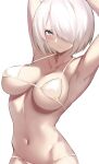  1girl armpits arms_behind_head arms_up bangs bare_shoulders bikini blue_eyes blush breasts cleavage closed_mouth collarbone cowboy_shot eyebrows_visible_through_hair groin hair_over_one_eye highres hip_bones large_breasts linea_alba looking_at_viewer navel nier_(series) nier_automata one_eye_covered short_hair simple_background solo spider_apple swept_bangs swimsuit symbol-only_commentary underboob white_background white_bikini white_hair yorha_no._2_type_b 