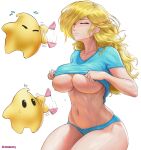  1girl areola_slip areolae artist_name blonde_hair blue_panties breasts closed_eyes clothes_lift collarbone fanning hair_over_one_eye hand_on_own_chest highres large_breasts long_hair luma_(mario) mario_(series) muscular muscular_female navel panties rosalina shirt_lift sitting solo star_(symbol) super_mario_odyssey superbusty sweat thighs underwear undressing wavy_hair wavy_mouth white_background 