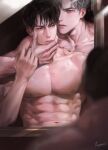  2boys abs bara black_eyes black_hair blood closed_mouth grabbing_another&#039;s_chin grey_eyes grey_hair hand_on_another&#039;s_chin highres large_pectorals male_focus mirror mirror_image multiple_boys muscular muscular_male navel nipples original pectorals ryeomiii shirtless sweat sweatdrop upper_body yaoi 