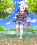  1girl absurdres aburi_gure air_bubble akari_(pokemon) barefoot black_hair blurry bubble cloud commentary day eyelashes from_below gen_7_pokemon grey_eyes head_scarf highres huge_filesize long_hair open_mouth outdoors partially_underwater_shot pokemon pokemon_(creature) pokemon_(game) pokemon_legends:_arceus red_scarf rock rowlet sash scarf shorts sidelocks sky smile standing toes tree upper_teeth wading water white_headwear 