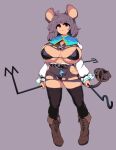  1girl adapted_costume alternate_breast_size animal_ears areola_slip areolae basket black_bra black_panties boots bra breasts brown_footwear capelet dowsing_rod full_body grey_background grey_hair grey_skirt grey_vest huge_breasts jewelry layered_clothing long_sleeves miniskirt mouse mouse_ears mouse_girl mouse_tail namako_(takorin) nazrin open_clothes panties pendant pixel_art shirt simple_background skirt skirt_set solo tail thick_thighs thighhighs thighs touhou underwear vest white_shirt wide_hips 