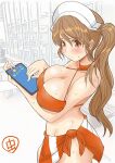  1girl artist_logo bikini breasts brown_eyes brown_hair choker cleavage cowboy_shot flying_sweatdrops headdress kantai_collection large_breasts littorio_(kancolle) long_hair mushi_mushi_ex one-hour_drawing_challenge orange_bikini orange_sarong ponytail sarong solo swimsuit tablet_pc wavy_hair 