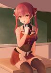  1girl :o blush chalkboard classroom desk finger_to_mouth gloves heterochromia hololive houshou_marine looking_at_viewer on_desk open_mouth red_eyes red_hair sitting skirt thighhighs user_pwgd7442 virtual_youtuber white_gloves yellow_eyes 
