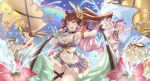  5girls bikini breasts brown_hair canna_(granblue_fantasy) commentary_request diantha_(granblue_fantasy) diola_(granblue_fantasy) flower granblue_fantasy hair_flower hair_ornament harie_(granblue_fantasy) hat highres linaria_(granblue_fantasy) microphone multiple_girls open_mouth pink_hair rainbow signature sky standing swimsuit water water_gun zrame 