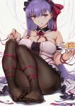  1girl bangs bare_shoulders bb_(fate) bb_(fate/extra) black_legwear blush bra_through_clothes breasts cleavage detached_collar dress fate/extra fate/extra_ccc fate_(series) feet food food_art hair_ribbon haoni highres large_breasts licking_lips long_hair looking_at_viewer maid_headdress nail_polish no_shoes omelet omurice pantyhose purple_eyes purple_hair red_ribbon ribbon see-through sitting smile solo thighs toes tongue tongue_out v-shaped_eyebrows very_long_hair 