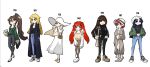  6+girls alternate_costume bag commentary_request denim full_body handbag height highres hongryeon_(last_origin) indomitable_marie invincible_dragon_(last_origin) jeans jitome khan_the_swift kimbumrae korean_commentary last_origin leona_of_blood_&amp;_iron long_hair looking_at_viewer may_of_doom multiple_girls pants pantyhose royal_arsenal shoes simple_background smile sneakers standing toon_(style) white_background 