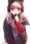  1girl ? arknights beanie black_headwear blush coat eyebrows_visible_through_hair frostleaf_(arknights) hat headphones heart highres implied_extra_ears jacket looking_at_viewer open_mouth oripathy_lesion_(arknights) red_eyes red_jacket red_nails red_sleeves sakana1sa simple_background solo white_background 