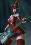  1girl artist_request breasts cleavage dress electric_guitar green_eyes guilty_gear guitar hat i-no instrument makeup red_dress revealing_clothes short_hair thighhighs witch_hat 