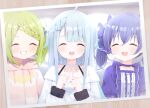  3girls absurdres ahoge amatsuka_uto bangs blue_dress blue_hair blurry blurry_background blush bow bowtie braid braided_bangs chestnut_mouth choker clenched_hands closed_eyes collarbone commentary_request deyui dress eyebrows_visible_through_hair furrowed_brow girl_sandwich green_hair grin hair_bow hair_ornament hair_ribbon hairclip highres hood hoodie indie_virtual_youtuber light_blue_hair light_particles morinaka_kazaki multiple_girls nijisanji off-shoulder_dress off_shoulder open_mouth photo_(object) pink_hoodie puffy_short_sleeves puffy_sleeves ribbon ribbon_choker sandwiched short_sleeves shoulder_strap sleeve_cuffs smile twintails two_side_up upper_teeth virtual_youtuber white_dress wing_hair_ornament yuuki_chihiro zipper zipper_pull_tab 