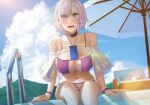  1girl azur_lane bangs bare_shoulders bikini black_bean blue_eyes blue_sky blush breasts choker cleavage collarbone cross-laced_clothes earrings eyepatch_bikini grey_hair highres jewelry large_breasts looking_at_viewer navel open_mouth purple_bikini purple_choker reno_(azur_lane) reno_(summer_spin-off)_(azur_lane) short_hair sky smile solo swimsuit thighs wet 