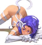  1girl animal_ears animal_hands artist_name ass big_hair blue_eyes blue_hair cat_ears cat_girl cat_tail closed_mouth darr1o fang fang_out felicia_(vampire) hairband highres shadow simple_background skin_fang solo tail top-down_bottom-up vampire_(game) white_background white_fur 