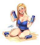  1girl :d bare_legs barefoot beer_can blonde_hair blue_camisole blue_eyes blush breasts camisole can cleavage commentary commission drunk head_tilt highres holding holding_can large_breasts looking_at_viewer mole mole_on_breast mole_on_thigh mole_under_mouth nose_blush open_mouth original panties purple_panties round_teeth signature simple_background skeb_commission smile solo strap_slip tachibana_roku teeth underwear upper_teeth white_background 