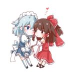  2girls ;&lt; ;) apron back_bow bangs bare_shoulders blue_dress blue_eyes blush bow braid breasts brown_eyes brown_hair chibi commentary detached_sleeves dress eyebrows_visible_through_hair eyelashes frilled_apron frilled_bow frilled_dress frills full_body hair_bow hair_tubes hakurei_reimu heart holding_hands izayoi_sakuya long_sleeves looking_at_another maid maid_apron maid_headdress medium_breasts medium_hair multiple_girls nontraditional_miko one_eye_closed puffy_short_sleeves puffy_sleeves red_bow ribbon-trimmed_sleeves ribbon_trim shiny shiny_hair short_sleeves silver_hair simple_background smile standing tanikake_yoku thigh_strap touhou twin_braids waist_apron white_apron white_background white_legwear wide_sleeves wrist_cuffs yuri 