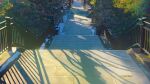  architecture branch brick brick_floor commentary east_asian_architecture evening highres kamo_nasus. leaf no_humans original railing scenery shadow shrine snow stairs sunlight tree winter 