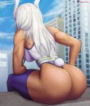  1girl animal_ears arm_on_knee armpits ass back bare_shoulders boku_no_hero_academia breasts building cloud dark-skinned_female dark_skin highres leaning_forward long_hair mirko muscular muscular_female rabbit_ears rabbit_tail rooftop sky skyscraper solo superbusty tail thighhighs thighs white_hair 