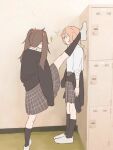  ... 2girls brown_hair chair_bun clothes_around_waist commentary english_commentary foot_against_wall genshin_impact highres hu_tao_(genshin_impact) locker multiple_girls sparkle split spoken_ellipsis standing standing_on_one_leg standing_split sweater sweater_around_waist wall_slam yanfei_(genshin_impact) yuri 