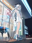  ... 1girl bag bare_legs blue_eyes blue_footwear bra commentary convenience_store feathered_wings food food_in_mouth full_body halo heads-up_display highres holding holding_bag jacket key_necklace long_sleeves looking_at_viewer nanaponi night night_sky original outdoors popsicle robot see-through see-through_jacket shoes shop shopping_bag short_hair shorts sky sneakers solo spoken_ellipsis standing two_side_up underwear white_bra white_hair white_shorts wings 