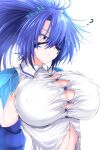  1girl ? annes_(g_(genesis1556)) bangs blue_eyes blue_hair breasts bursting_breasts button_gap closed_mouth dragon_girl eyepatch g_(genesis1556) hair_between_eyes highres huge_breasts long_hair looking_down monster_girl original ponytail shirt simple_background solo upper_body white_background white_shirt 