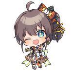  1girl ;d ahoge bangs black_ribbon blue_eyes blush bow brown_hair cat_hair_ornament chibi eyebrows_visible_through_hair hair_between_eyes hair_ornament hair_ribbon hololive hololive_idol_uniform natsuiro_matsuri nitumaruta official_alternate_costume one_eye_closed open_mouth orange_bow orange_legwear orange_neckwear pleated_skirt ribbon short_hair side_ponytail simple_background skirt sleeveless smile solo thighhighs virtual_youtuber waving white_background white_bow wrist_cuffs yellow_ribbon 