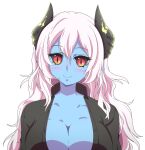  1girl aohada_bocchi black_horns black_sclera blue_skin blush breasts cleavage colored_sclera colored_skin demon_girl demon_horns eyebrows eyebrows_visible_through_hair highres horns large_breasts long_hair looking_at_viewer messy_hair red_eyes ruri_(aohada_bocchi) smile unbuttoned unbuttoned_shirt upper_body vagina_stroke white_background white_hair 