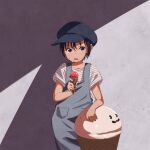  1girl absurdres black_hair blue_eyes blue_overalls blush cabbie_hat cowboy_shot food food_on_face hat highres holding holding_food ice_cream_cone nekopantsu_(blt) open_mouth original overalls shirt short_hair solo striped striped_shirt sweat 