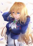  1girl absurdres black_gloves blonde_hair blue_eyes blue_jacket dress gloves hair_between_eyes hair_down highres himitsudesu5 jacket long_hair long_sleeves mouth_hold red_ribbon ribbon ribbon_in_mouth solo standing tying_hair upper_body very_long_hair violet_evergarden violet_evergarden_(series) white_dress 