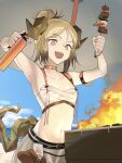  1girl :d arknights arm_strap arms_up bandeau bangs barbecue bare_arms bare_shoulders beach beach_umbrella belt belt_buckle bikini black_belt blonde_hair blowtorch blue_sky buckle choker cloud collarbone commentary day drawdrawdeimos fire flame food grill hair_bun high_ponytail highres holding holding_food horns ifrit_(arknights) ifrit_(sunburn)_(arknights) kebab meat nail_polish navel ocean official_alternate_costume open_mouth orange_choker orange_nails outdoors sand sarashi seafood see-through sharp_teeth short_hair shrimp skewer sky smile solo stomach swimsuit tail teeth umbrella white_bikini 