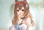  1girl alternate_hairstyle angelina_(arknights) animal_ears arknights bare_arms blurry blurry_background brown_hair camisole coffee_cup commentary_request cup disposable_cup fox_ears hairband highres holding holding_cup infection_monitor_(arknights) long_hair looking_at_viewer nanaponi open_mouth red_eyes red_hairband smile solo steam striped striped_hairband upper_body upper_teeth white_camisole 