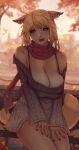  1girl animal_ears autumn autumn_leaves bangs bare_shoulders blonde_hair blue_eyes blurry blurry_background braid breasts cat_ears cat_tail cleavage commission dark-skinned_female dark_skin earrings english_commentary final_fantasy final_fantasy_xiv flower hair_flower hair_ornament jewelry large_breasts looking_at_viewer miqo&#039;te scarf short_hair sitting slit_pupils solo soranamae sweater tail 