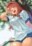  1girl arm_behind_back artist_logo bangs blunt_bangs bralines character_name commentary cowboy_shot dappled_sunlight day emblem girls_und_panzer glasses gym_shirt gym_shorts gym_uniform half-closed_eyes hand_on_own_head headband highres long_hair looking_at_viewer ooarai_(emblem) open_mouth orange_eyes orange_hair outdoors pairan red-framed_eyewear semi-rimless_eyewear shirt short_sleeves shorts smile solo standing sunlight t-shirt takebe_saori tree under-rim_eyewear white_shirt 