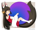  1girl animal_ears azur_lane ball bangs bare_shoulders black_hair blunt_bangs collarbone commentary_request detached_sleeves dress eyebrows_visible_through_hair firefox fox_ears fox_girl fox_tail full_body hair_ornament hug jewelry kneehighs logo logo_parody long_hair looking_at_viewer miicha nagato_(azur_lane) necklace parody parted_lips red_dress sidelocks simple_background solo tail trait_connection twitter_username two-tone_background white_legwear wide_sleeves yellow_eyes 