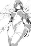  1girl angel angel_wings bangs bare_shoulders blush breasts cleavage collarbone greyscale haitekudasai_takamine-san halo headpiece hiiragi_yuuichi jewelry large_breasts long_hair looking_at_viewer monochrome navel outstretched_hand simple_background skindentation solo takamine_takane very_long_hair white_background wings 