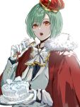  1boy a3! bow bowtie cake cloak commentary crown food fork fur_trim gloves green_hair hand_up highres holding holding_fork holding_plate jacket long_sleeves male_focus mini_crown nanaponi open_mouth plate red_cloak red_eyes rurikawa_yuki short_hair simple_background solo teeth white_background white_gloves white_jacket white_neckwear 