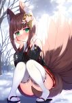  1girl :&lt; animal_ears arm_support bangs blunt_bangs blurry brown_hair character_request commentary_request depth_of_field detached_sleeves eyebrows_visible_through_hair fox_ears fox_girl fox_tail green_eyes hair_ornament head_rest highres indie_virtual_youtuber japanese_clothes kyuubi looking_at_viewer multiple_tails pleated_skirt ribbon-trimmed_sleeves ribbon_trim ringo_sui short_hair short_hair_with_long_locks sidelocks skirt snowing solo squatting tail thighhighs virtual_youtuber white_legwear wide_sleeves zettai_ryouiki 