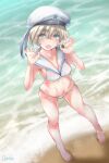  1girl barefoot beach bikini blue_eyes clothes_writing curled_fingers hat kantai_collection lowleg lowleg_bikini mani_oniniku sailor_bikini sailor_collar sailor_hat short_hair silver_hair solo standing swimsuit white_bikini white_headwear white_sailor_collar z1_leberecht_maass_(kancolle) 