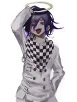  1boy :d absurdres arm_up bangs black_hair broken_halo buttons checkered checkered_scarf commentary_request danganronpa_(series) danganronpa_v3:_killing_harmony double-breasted grey_background grey_jacket grey_pants halo hand_in_pocket highres jacket joh_pierrot long_sleeves male_focus open_mouth ouma_kokichi pants red_eyes scarf simple_background smile solo tongue tongue_out upper_teeth 