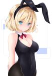  1girl :&lt; alice_margatroid animal_ears arms_behind_back bangs bare_arms bare_shoulders black_legwear black_leotard blonde_hair blue_eyes blush bow bowtie breasts bunny_day cleavage cleavage_cutout clothing_cutout commentary_request expressionless eyebrows_visible_through_hair fake_animal_ears groin hairband highres leotard looking_at_viewer nanase_nao pantyhose playboy_bunny rabbit_ears rabbit_tail red_bow shiny shiny_hair short_hair tail touhou white_background 