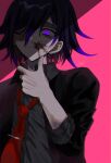  1boy absurdres alternate_costume bangs black_hair black_jacket blood blood_on_face commentary_request danganronpa_(series) danganronpa_v3:_killing_harmony fingernails grey_shirt hair_over_one_eye highres jacket joh_pierrot long_sleeves looking_at_viewer male_focus necktie ouma_kokichi pink_background purple_eyes purple_hair red_neckwear sharp_fingernails shirt short_hair signature smile solo thumbs_up tie_clip upper_body 