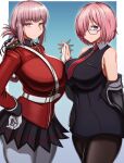  2girls belt black_legwear breast_press breasts commission dress expressionless eyebrows_visible_through_hair fate/grand_order fate_(series) florence_nightingale_(fate) folded_ponytail glasses gloves hair_over_one_eye hand_on_hip hands_clasped highres huge_breasts jacket_pull large_breasts long_hair mash_kyrielight military military_uniform miniskirt multiple_girls own_hands_together pantyhose pink_eyes pink_hair pleated_skirt purple_eyes short_dress short_hair skirt sleeveless sleeveless_dress smile standby symmetrical_docking uniform white_belt white_gloves white_legwear 